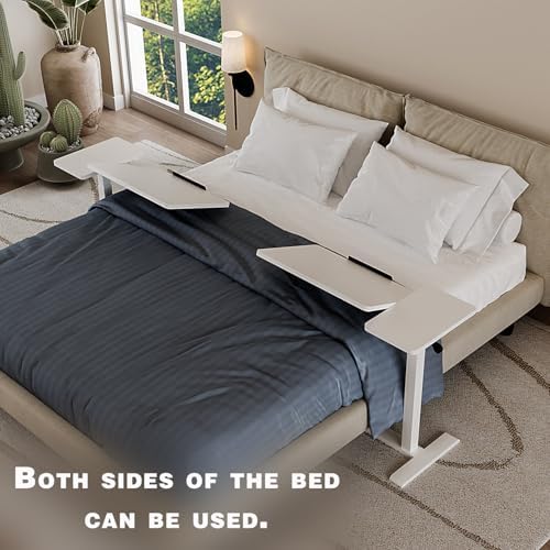 Adjustable Overbed Bedside Table with Wheels Pneumatic Mobile Standing Laptop Desk Rolling Computer Cart Movable Couch Desk Hospital Home Use, White - Image 2