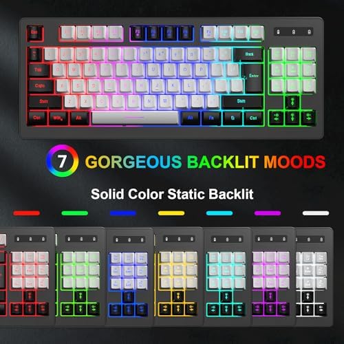 BlueFinger Wireless Gaming Keyboard and Mouse Combo, RGB Rainbow Backlit Rechargeable Battery, 87 Keys TKL Light Up Keyboard with Ergonomic Gaming Mouse for Mac Laptop Computer PC Gamer(Black & White) - Image 2
