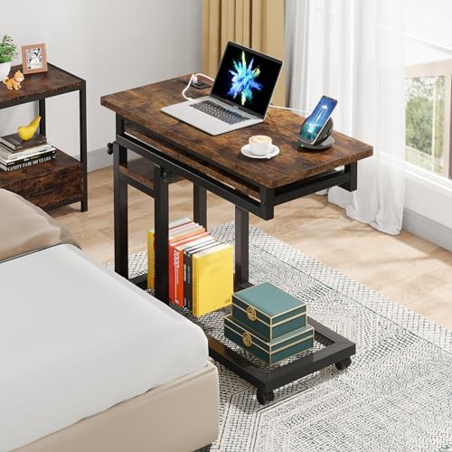 Tribesigns Small Portable Desk with Power Outlet, Height Adjustable Sofa Couch Bedside Laptop Table with Wheels, Mobile Standing Desk Rolling Computer Cart C Side Table with USB Ports - Image 4