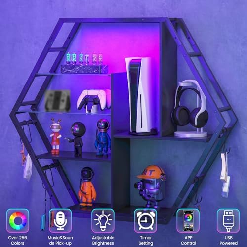 Saudism Floating Shelves with Lights, Led Shelves for Wall, Gaming Room Decor Display Shelf, Lighted Bar Shelves, Extra Hanging Hooks Storage, Sturdy Fast Assembly Great Weight Capacity-Black - Image 4