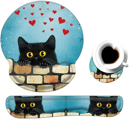 Keyboard Wrist Rest and Mouse Pad Wrist Support Set with Coaster,Comfortable for Easy Typing,Pain Relief,Memory Foam Keyboard Pad Set for Laptop Mac,Cute Black Cat by Unknown