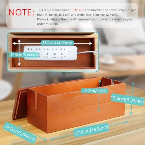 Large Cable Management Box, Wooden Cord Organizer Box for Desk, Floor, Office to Hide Extension Cords Power Stripes Surge Protectors Chargers Wires, Red Brown - Image 2