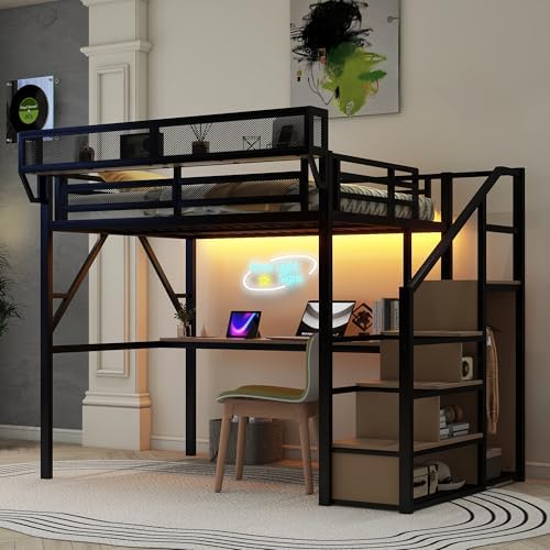 KEIKI Full Size Metal Loft Bed Frame with Desk, Staircase, Built-in Storage Shelves and Wardrobe, Modern Loft Bed with Solid Slats, Guardrail, No Box Spring Required, Easy Assembly, for Bedroom, Black - Image 4