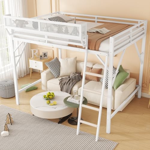 KEIKI Full Size Metal Loft Bed Frame with Ladder and Built-in Storage Shelves, for Teens, Modern Style Loft Bed with Solid Slats, Guardrail, No Box Spring Required, Easy Assembly, for Bedroom, White - Image 3