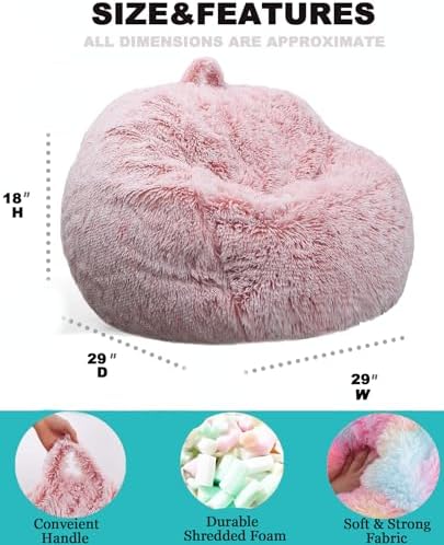 Fluffy Bean Bag Chair for Kids, 2.5FT Round Memory Foam Filled Bean Bag for Teens & Kids, Ultra Soft Faux Fur Fabric Bean Bag Chairs for Playroom, Living Room, Bedroom,Pink - Image 3