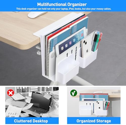 MAXECHO Desk Side Storage, Under Desk Laptop Mount, Table Side Hanging File Organizer, No Drill Clamp On Cable Management Tray, Laptop Holder with Magnetic Pen Holder for Office and Home, Load 22 Lbs - Image 3