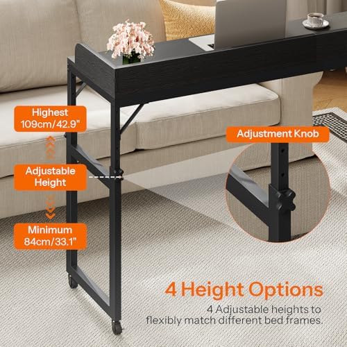 HOOBRO Overbed Table with Wheels, Rolling Table with Outlets & Light Strip for Queen Bed, Mobile Bed Desk & Drawer and Adjustable Height, Giant Computer Desk for Living Room, Black BB180UDDN01 - Image 7