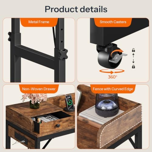 HOOBRO Overbed Table with Wheels, Rolling Table with Outlets & Light Strip for Queen Bed, Mobile Bed Desk & Drawer and Adjustable Height, Giant Computer Desk for Living Room, Rustic Brown BF180UDDN01 - Image 6