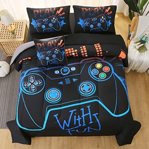 JQinHome Queen Gaming Comforter Sets for Boys,6 Piece Bed in A Bag 3D Video Game Bedding All Season Soft Microfiber Gamer Bedding Sets for Kids, Pillowcase, Flat Sheet, Fitted Sheet,Cushion Cover - Image 3