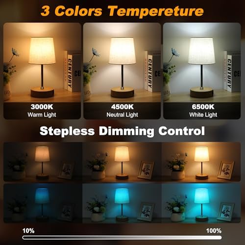 Ascher Small Bedside Table lamp Set of 2, RGB Color Changing Lamps, 3 Color Temperatures, Stepless Dimmable, Nightstand Lamp with USB C+A Ports for Bedroom Living Room, (Flaxen Shade, Wood Grain Base) - Image 3