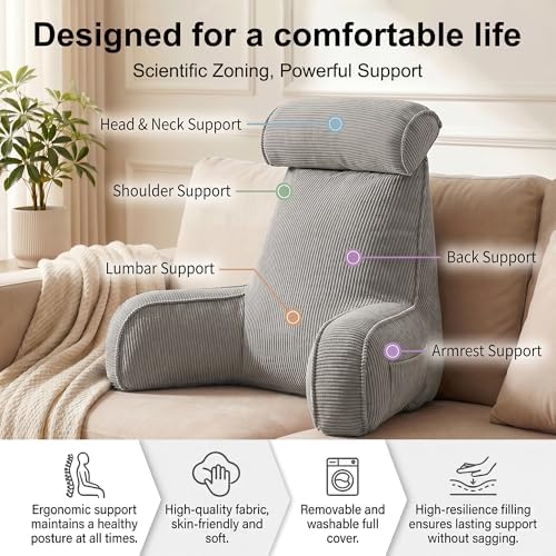 Corduroy Reading Pillow for Sitting Up in Bed, Backrest Pillow with Arms, Full Back Support Cushion with Side Pockets & Washable Cover, Adult Support for Sofa Couch Floor, Light Gray - Image 3