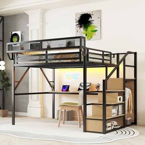KEIKI Queen Size Metal Loft Bed Frame with Desk, Staircase, Built-in Storage Shelves and Wardrobe, Modern Loft Bed with Solid Slat, Guardrail, No Box Spring Required, Easy Assembly, for Bedroom, Black by KEIKI