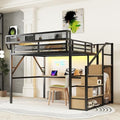 KEIKI Queen Size Metal Loft Bed Frame with Desk, Staircase, Built-in Storage Shelves and Wardrobe, Modern Loft Bed with Solid Slat, Guardrail, No Box Spring Required, Easy Assembly, for Bedroom, Black by KEIKI