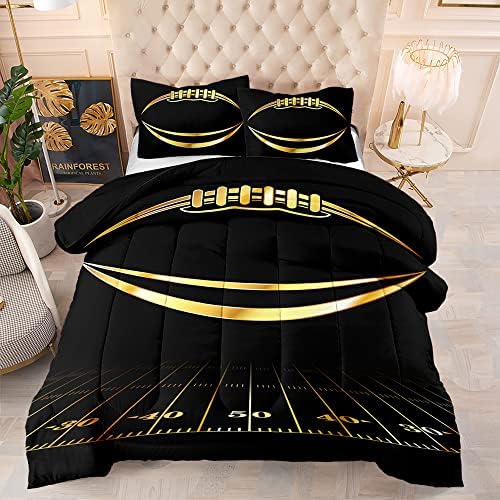 Boys Comforter Set, Twin Size, Football Themed, 3 PCS Including 1 Comforter & 2 Pillowcases, All Season Use, Black and Gold - Image 3