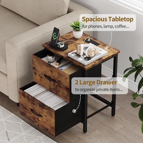 Vagusicc Nightstand with Charging Station, Bedside Table with USB Ports and Outlet, End Table Side Table with 2 Fabric Drawers for Bedroom, Living Room, Rustic Brown - Image 5