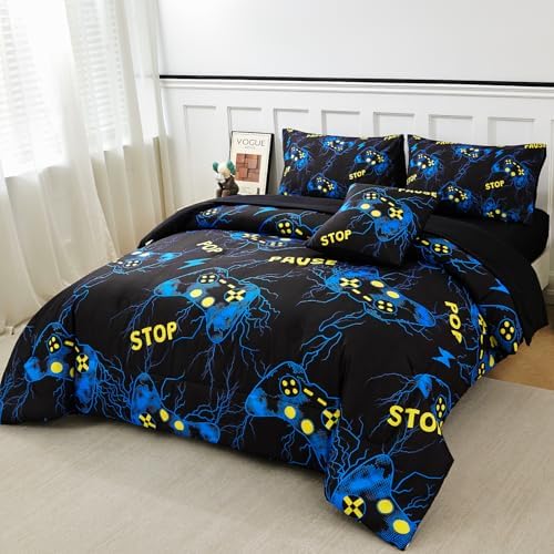ZRNBAST 6-Piece Bed in A Bag Gamer Bedding Sets Full Size Blue Lightnings Gaming Comforter Set for Boys Teens Soft Lightweight Video Game Room Decor Home Quilt Set(Blue,Full) - Image 2