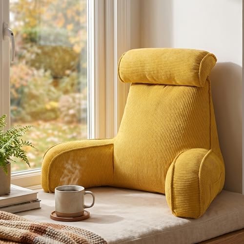 Reading Pillow for Sitting Up in Bed, Backrest Cushion with Arms, Corduroy Support Pillow with Side Pockets & Washable Cover, for Watching TV Sofa Couch Relax, Bright Yellow - Image 2