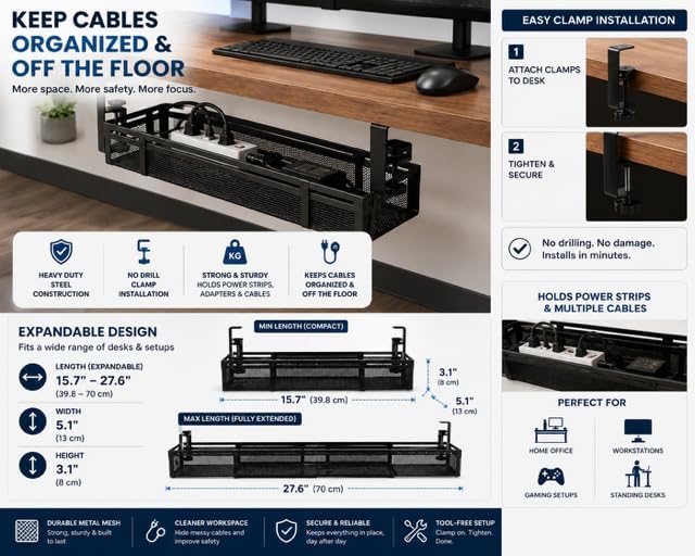 Expandable Under Desk Cable Management Tray, Expandable 15.7”–27.6”, No Drill Metal Cable Organizer with Clamp Mount for Standing Desk, Office & Home Desk (Black - Image 2