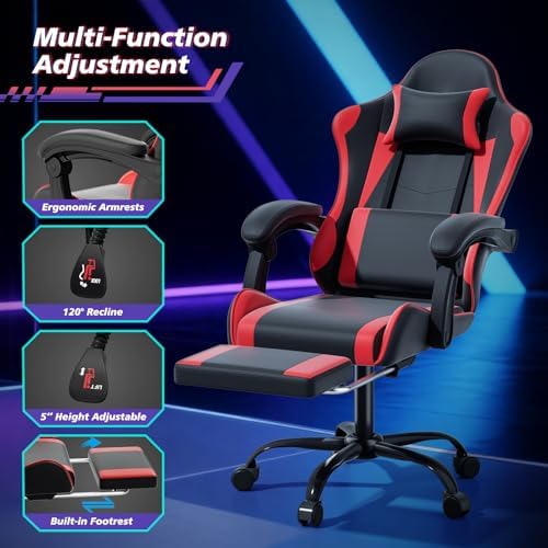Magshion Video Gaming Computer Chair with Footrest, Red | Ergonomic, Lumbar Support, Adjustable Height, Racing Style, High Back Recliner, Comfy Leather, Swivel Seat, for Home Office - Image 6