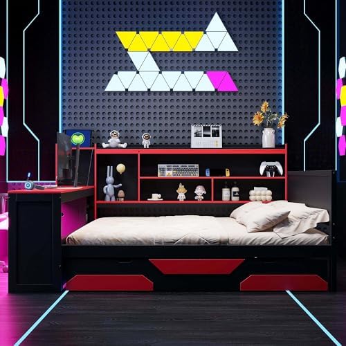 Merax Queen Size Gaming Daybed with Integrated Desk and Lights, Wooden Platform Bed Frame with 3 Storage Drawers and Built-in Charging Station, Multi-Functional Headboard Shelves, No Box Spring Needed - Image 4