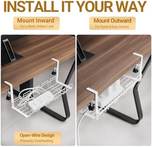 Under Desk Cable Management Tray, 15.7'' Metal Wire Organizer with Clamp, No Drill Desk Cord Rack for Cable Management, Computer Wire Organizer for Office and Home, Sturdy & Scratch-Free - Image 7