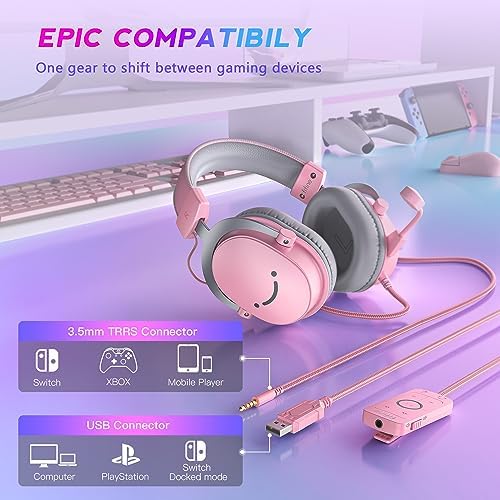 FIFINE USB Gaming Headset, PC Over-Ear Wired Streaming Headset with 3.5mm Jack, Detachable Microphone, 7.1 Surround Sound, Control Box, Passive Noise Cancellation, for PS5/Xbox/Switch-H9 Pink - Image 2