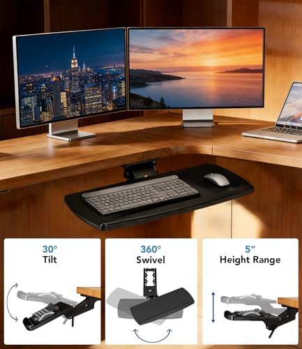 AX WABER Keyboard Tray Under Desk with Storage Drawer, Height Adjustable Keyboard Tray Slide Out 360° Swivel Tilt, Ergonomic Under Desk Mount Keyboard & Mouse Holder for Gaming Home Office, Black - Image 4