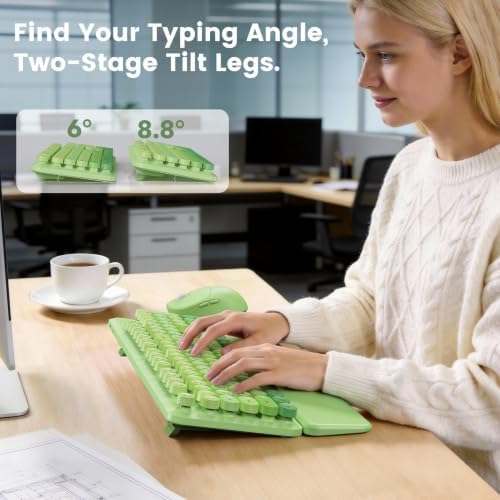 Wireless Keyboard and Mouse Combo, Magnetic Soft-Touch Wrist Rest, Round Keycaps, Full-Size Retro Typewriter Keyboard, 2-Stage Tilt Legs, Auto Sleep, 2.4GHz Cordless for Windows PC (Green Ombre) - Image 5