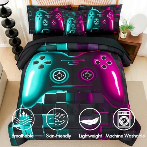 PERFEMET Game Boys Twin Bedding Sets 6 Pieces Purple Teal Gaming Comforters - Image 4