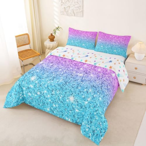 Colorful Glitter Bedding Twin Girly Turquoise Teal Blue Pink Pastel Girls Comforter Set 2 Pcs Trendy Quilt Duvet for Kid Women Down Comforter with Sparkle Sequin Pattern Bling Bedroom Decor Bed Cover - Image 2