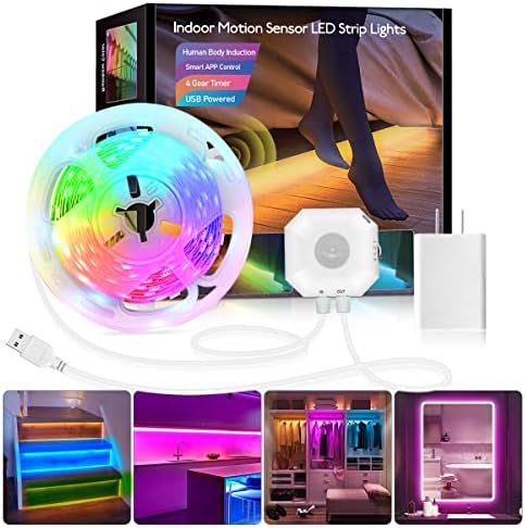 Daymeet Motion Sensor Under Bed Lights, 9.8ft RGB Motion Activated LED Strip Lights with Automatic Shut Off Timer App Control Cabinet Night Light Closet Lights for Hallway, Kitchen,Bedroom,Stair by DAYMEET