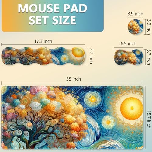 AIMSA Keyboard Mouse Pad Set, Large Gaming Mouse Pad + Wrist Rest + Mouse Pad with Wrist Support + Coaster, Easy Typing Pain Relief Desk Mat for Home Office, Starry Sky Tree - Image 6