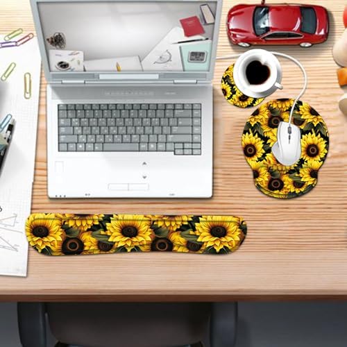 Keyboard Wrist Rest and Mouse Pad Wrist Support Set with Coaster,Ergonomic Mouse Pad,Comfortable for Easy Typing, Pain Relief,Memory Foam Keyboard Pad Set for Laptop Mac,Cute Yellow Sunflowers - Image 7