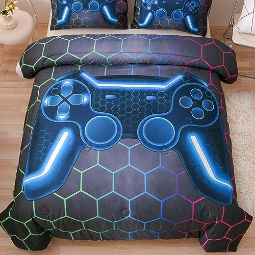 NTBED Game Console Comforter Set for Boys Girls Kids 3D Gaming Geometric Lightweight Microfiber Bedding Sets (Multi, Full) - Image 2