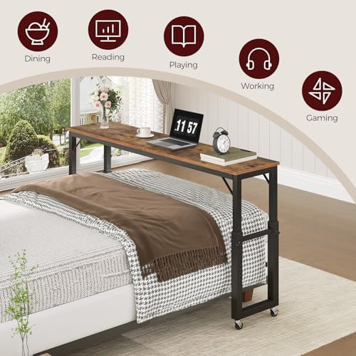 MAHANCRIS Overbed Table with Wheels, Mobile Bed Desk for Queen Size, 36"-43.5" Adjustable Height Rolling Table, Recliner Desk, Mobile Cross Bed for Bedroom, Living Room, Office, Rustic Brown MTHR18001 - Image 5