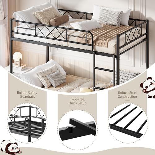 Garvee Bunk Bed Twin Over Twin for Adults & Teens, Heavy Duty 2-Tier Bed with Stairs, Full-Length Guardrail & Metal Slats, No Box Spring Required, Space Saving, Matte Black - Image 5