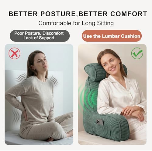 Sit Up Reading Pillow, Backrest Pillow with Arms, Corduroy Back Support Cushion with Side Pockets & Washable Cover, Bed Rest Support for Sofa Couch Floor Relax, Peacock Blue - Image 5