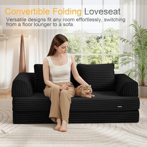 COMAX Convertible Sofa Bed, Folding Floor Couch Corduroy Fold Out Couch Bed Futon Sleeper Mattress with Pillows, Boneless Sofa Comfy Lounge Loveseat for Living Room Bedroom, Plush Black - Image 3