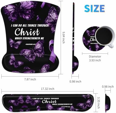 3-in-1 Ergonomic Mouse Pad with Wrist Support, Memory Foam Keyboard Wrist Rest Pad Set & Coaster, Non-Slip Base Desk Mat with Purple Butterfly Bible Verse for Office Home Computer & Laptop - Image 2