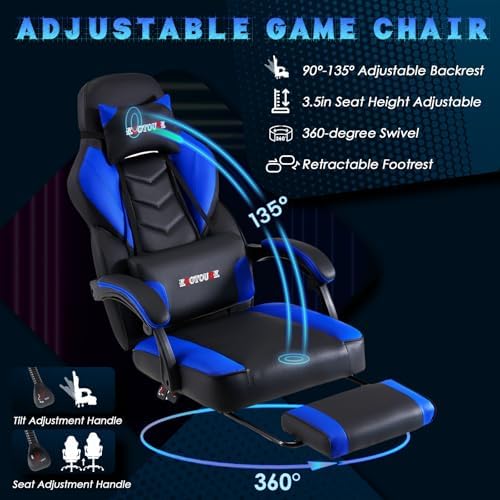 ECOTOUGE Blue Big and Tall Ergonomic Massage Gaming Chair with Footrest | Lumbar Support, Reclining High Back, 360° Swivel, Computer Chair, Sturdy, Comfortable, Height Adjustable, for Gaming & Office - Image 4