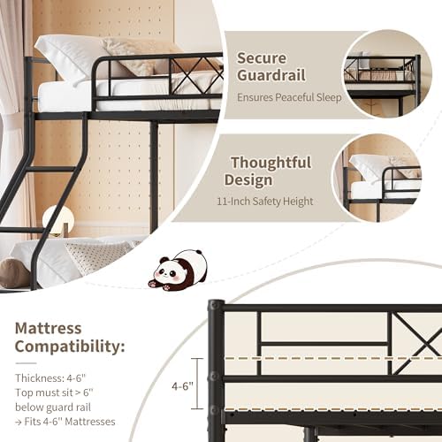 Garvee Metal Bunk Bed Twin Over Full, Heavy Duty Frame with Ladder & Guardrails, Sturdy Metal Slats, No Box Spring Needed, Space Saving for Dorm, Bedroom, Apartment, Matte Black - Image 3