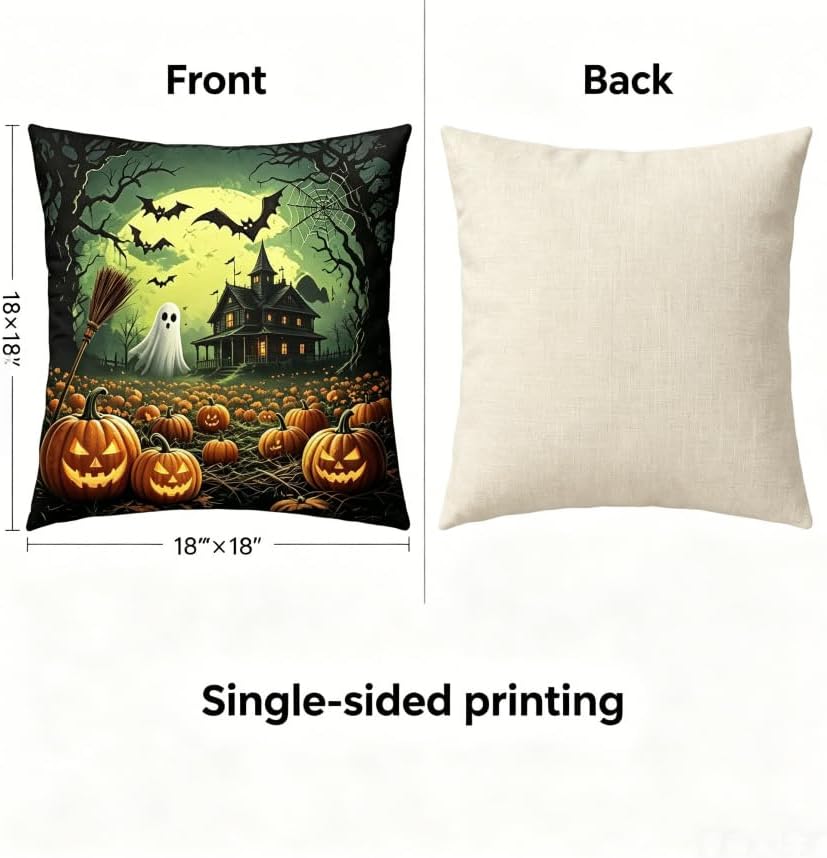 Halloween Throw Pillow Covers, Spooky Ghost Pumpkin Design, Linen, 18x18 Inch, Set of 2, Machine Washable - Image 2