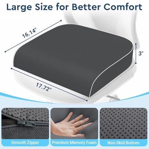 Seat Cushion, Memory Foam Office Chair Cushion, Gray, Large | Office Desk Accessories, Butt Pillow for Long Sitting Sciatica, Coccyx, Tailbone, Hip Pain Relief - for Home, Car, Airplane - Image 2
