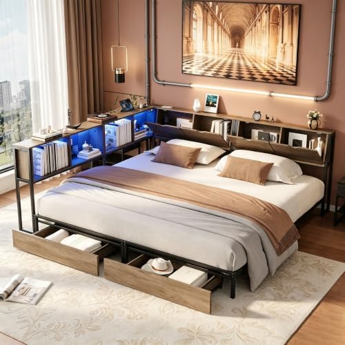Gray Corner Bed with Drawers, Bookcase, Light & Charging Station, Twin/Twin by Bellemave