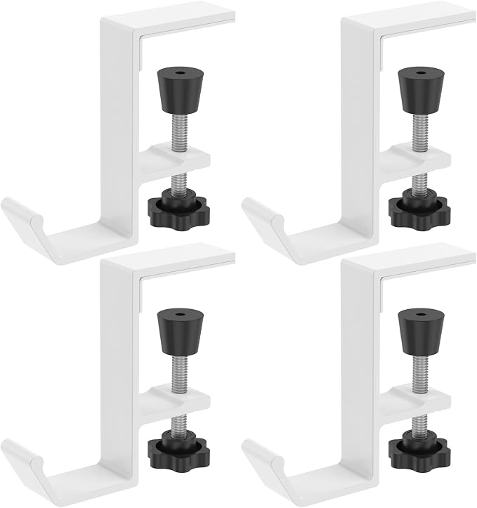Clamp-On Under Desk Backpack Hanger, Clamp-On Under Desk Headphone Holder, Students' Desk Hook, with Adjustable Arm Clamp for Handbag and Purse Holder (White) by LAINIUTE