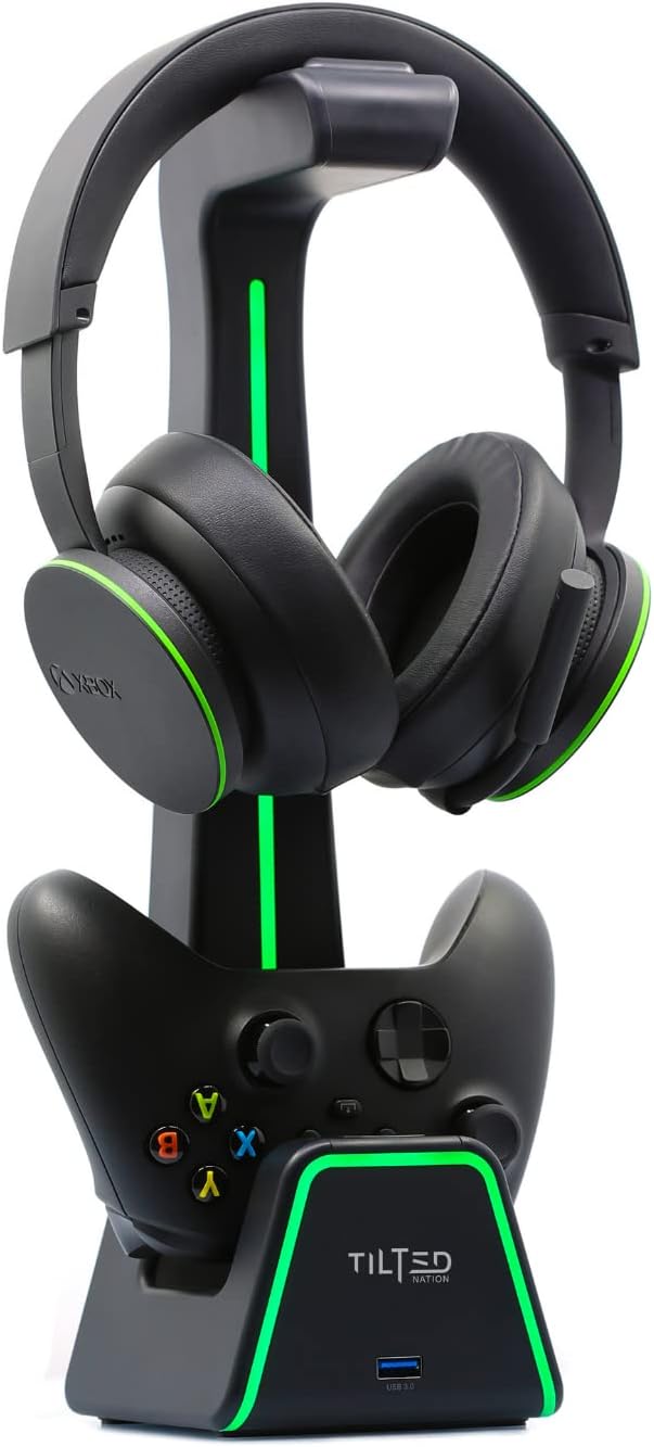 Tilted Nation 3 in 1 Gaming Headset and Controller Stand for PS5 and Xbox Series X Charging Station - Game Controller Holder and Headphone Stand for Desk with PlayStation and Xbox Magnetic Charger by TiltedNation