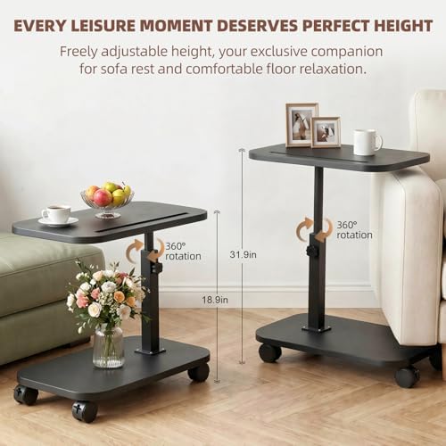 Adjustable TV Tray Side Table 360°Swivel Rolling, Black - Image 5