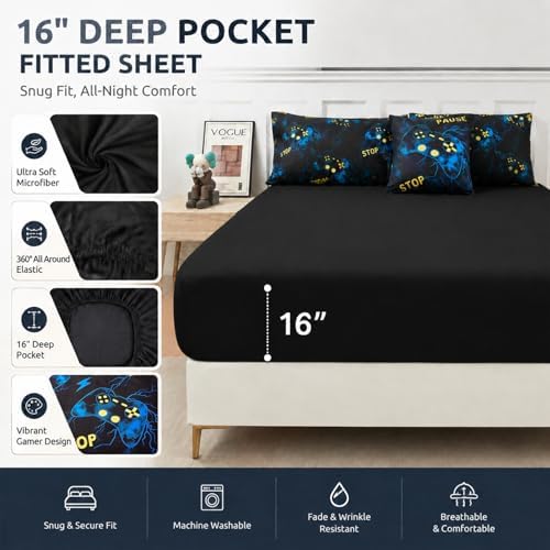 ZRNBAST 6-Piece Bed in A Bag Gamer Bedding Sets Full Size Blue Lightnings Gaming Comforter Set for Boys Teens Soft Lightweight Video Game Room Decor Home Quilt Set(Blue,Full) - Image 4