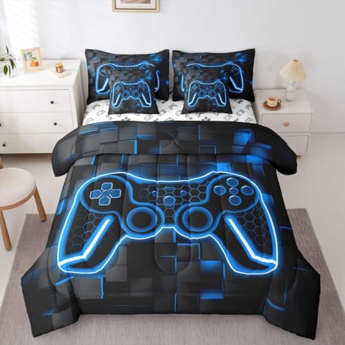 Feelyou Kids Gamer Queen Comforter Set with Sheets Gaming Bedding Set 7 piece for Boys Bedroom Decor Lighting Honeycomb Game Controller Bed in a Bag Blue and Black Geometric Bed Set - Image 3
