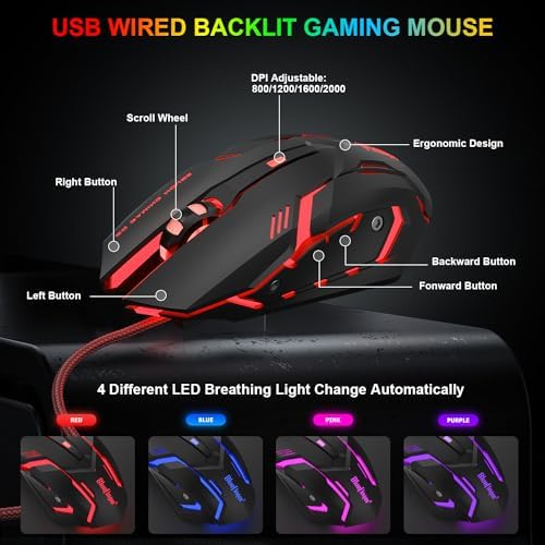 BlueFinger RGB Gaming Keyboard and Backlit Mouse Combo, USB Wired, LED Gaming Set for Laptop PC Computer Game and Work (Black & White) - Image 5